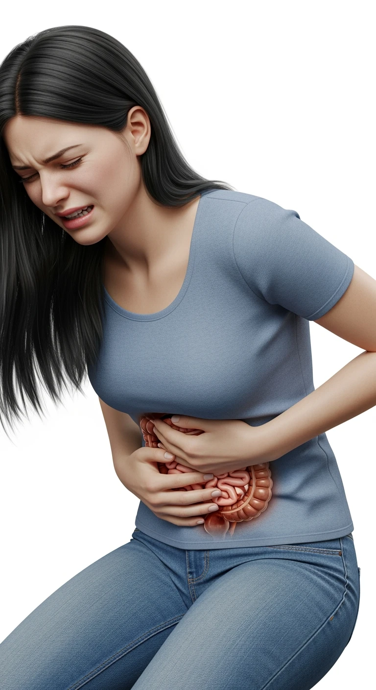 donna giovane piegata in avanti con mal di pancia e INTESTINO UMANO ANATOMICO IN EVIDENZA, iperrealistica 4k, ISOLATA SU SFONDO BIANCO emoji