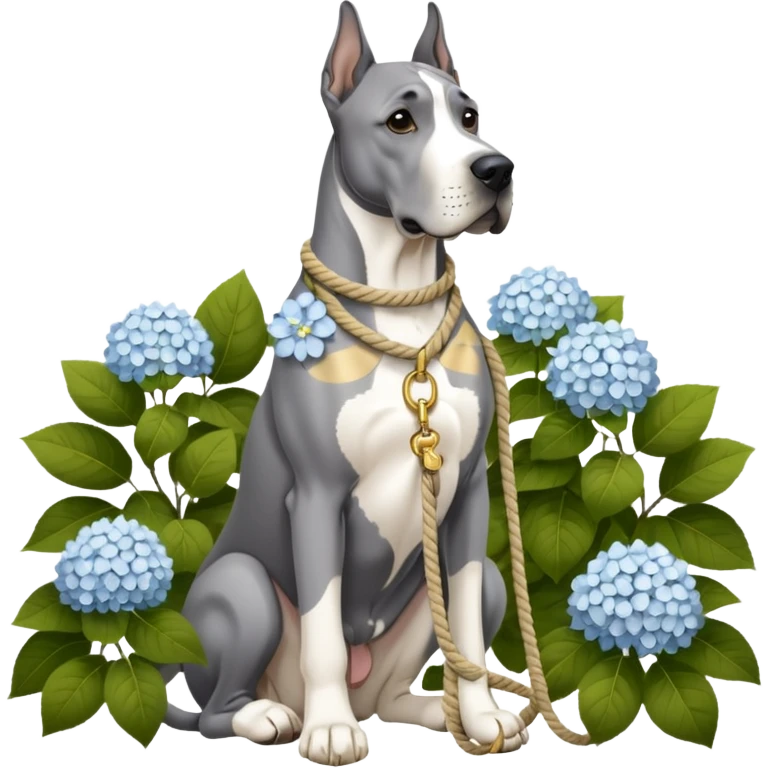 Gray Great Dane with white rope collar and rope Leash with gold accents sotting near a white hydrangea bush  emoji