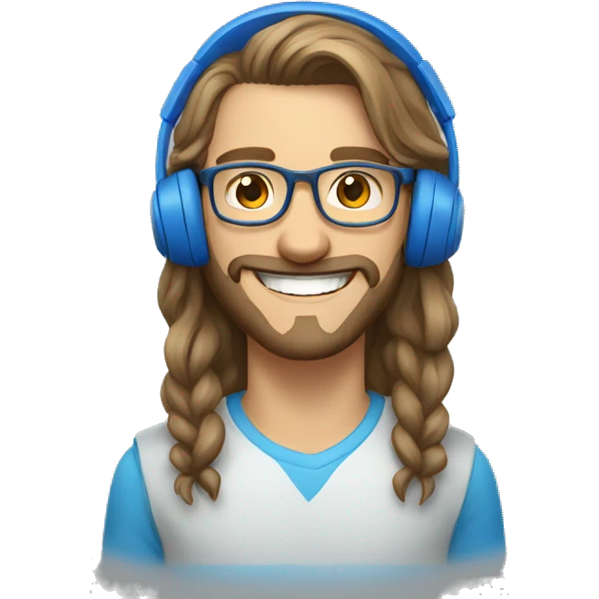 belarusian guy with long hair, with short bristle, glasses, with blue headset, smiling with grin  emoji