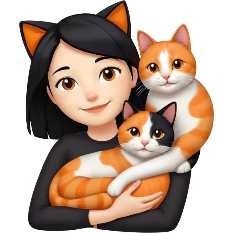 rambut hitam lurus panjang dan satu kucing belang tiga yang dominan berwarna oren sedang berbaring di bahu dan leher kirinya emojiem
 emoji