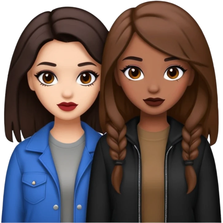 Boujy baddie best friends, trendy heavy makeup both dark hair one light skinned and one mocha brown pretty hair style  emoji