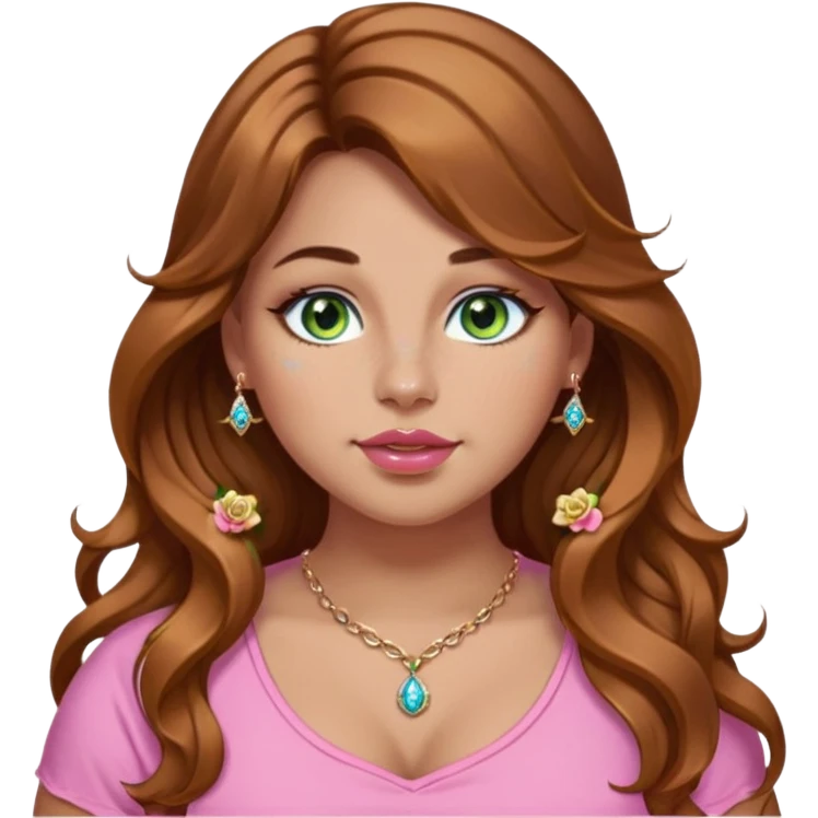 Girl girl long wavy brown hair with caramel highlights, green/blue/gold eyes, plus size, pink girly top, right nostril rose gold nose ring with diamonds embedded emoji