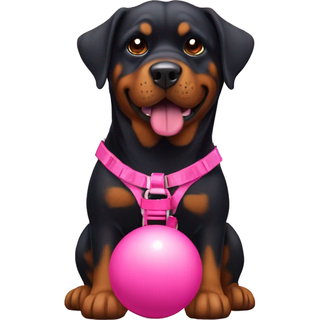 A pretty Rottweiler female with a red harness and a pink rubber ball. emoji