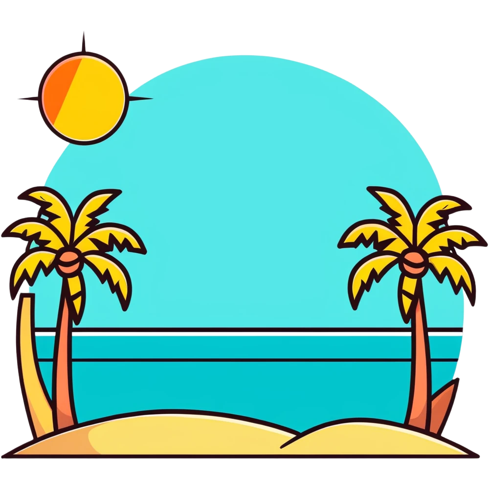 sun tanning scene on Miami beach with palm trees and sun, playful vibe emoji
