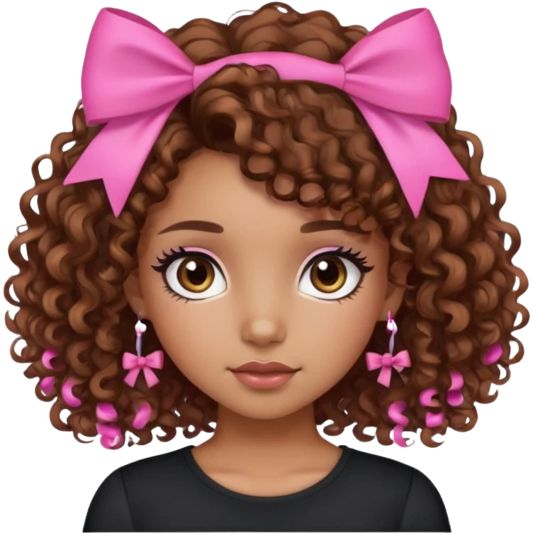 Caramel skin girl, with short-medium curly brown hair, brown eyes with lashes, and a pink bow on her hair, with a black shirt on. emoji