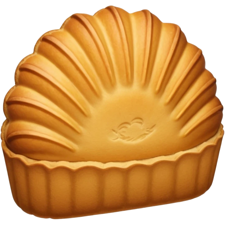 A madeleine pastry. Oval shaped with vertical lines going in the same direction as the oval. Light golden brown. Scalloped edge. Cookie. emoji