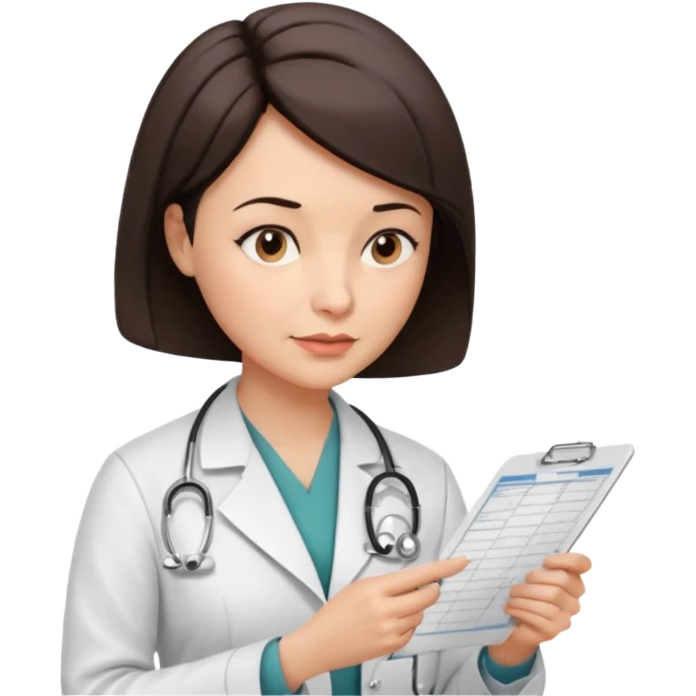 A female doctor in her 50s with visible facial wrinkles, dark brown short bob hair, her body turned slightly at an angle, with her gaze clearly directed downward and fixed on the medical chart she is reviewing. emoji