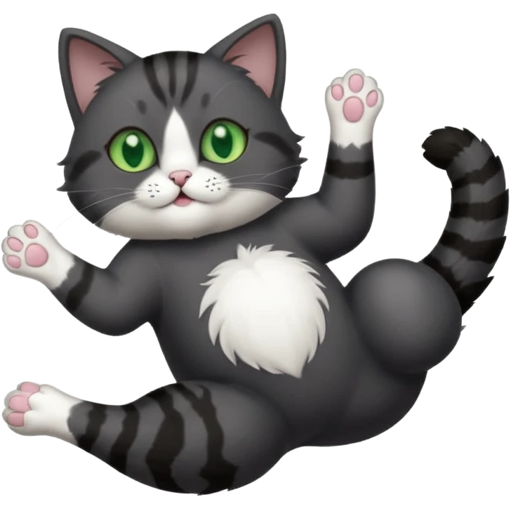 solid dark grey cat with green eyes, white toes/paws and white patch on her chest playfully rolling upside down emoji