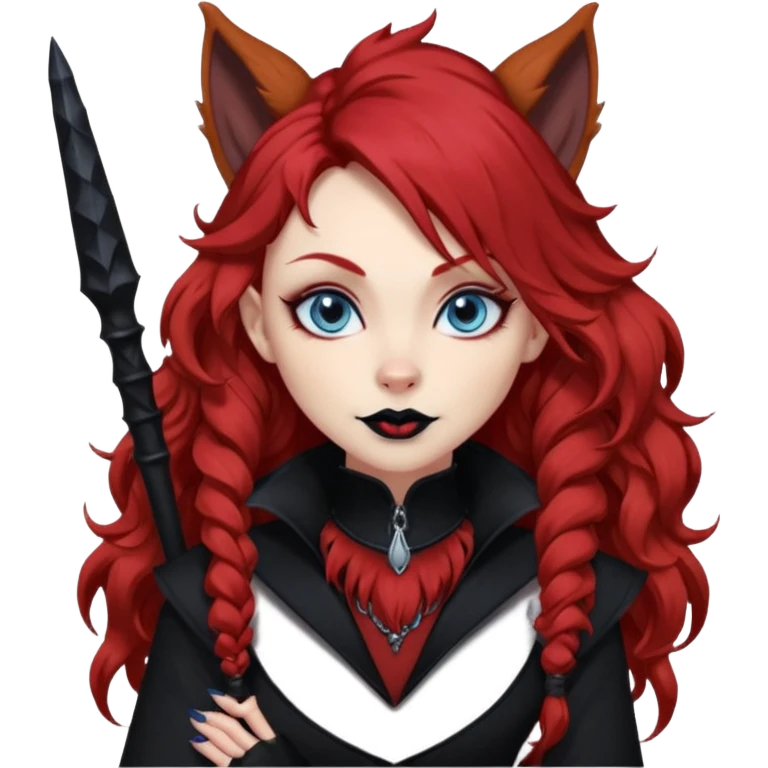  long curly red hair (darker), red pointed ears with black trim, black goth outfits, body and face human, blue eyes, more pointy chin, black lipstick, big fluffy red squirrel tail with black tips, like the attached photo with more outfits and poses,  emoji