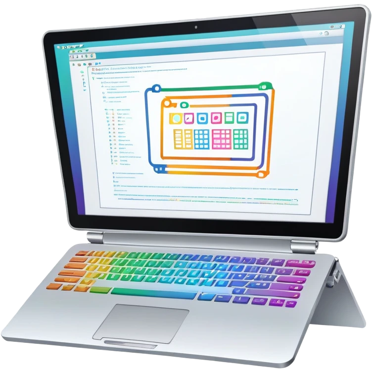 An icon featuring a laptop screen with colorful lines of code, brackets, and a blinking cursor, symbolizing programming. The design includes flowcharts, gear icons, and binary code, representing software development and logical problem-solving. Transparent background highlights the world of coding. emoji