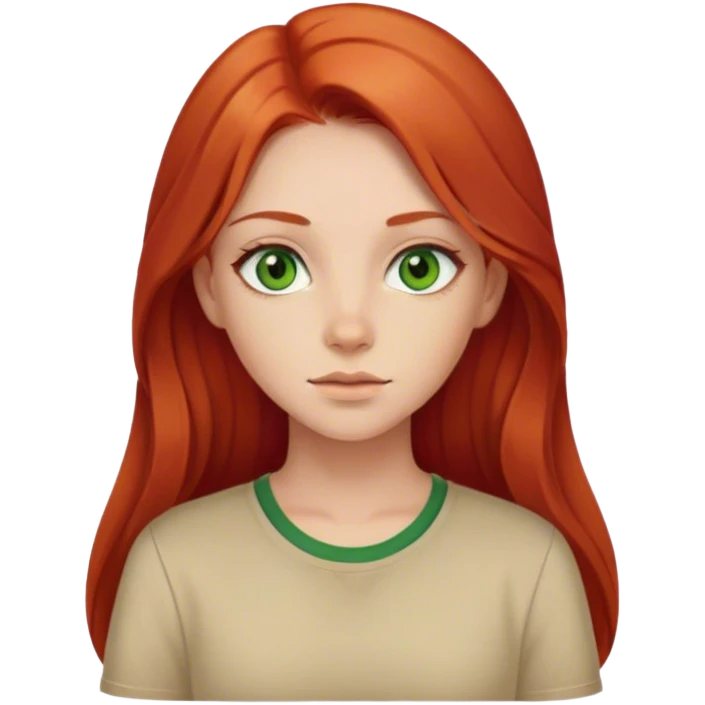 Girl with middle part long red hair and green eyes beige shirt emoji