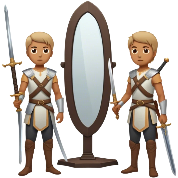 A person standing in front of a mirror, looking at their own reflection, while a sword on the ground beside them. The mirror represents self-awareness and acceptance emoji