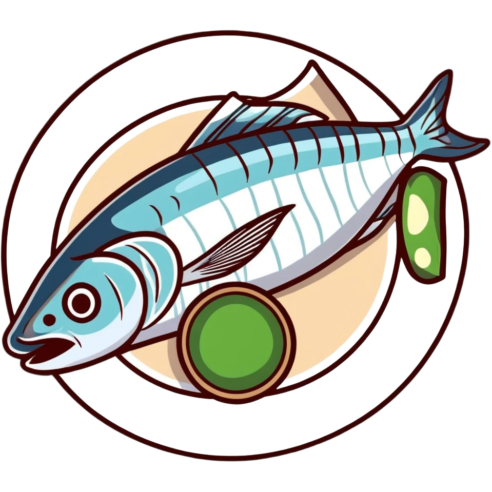 mackerel sashimi with thinly sliced silver-skinned fish, wasabi and shiso leaf emoji