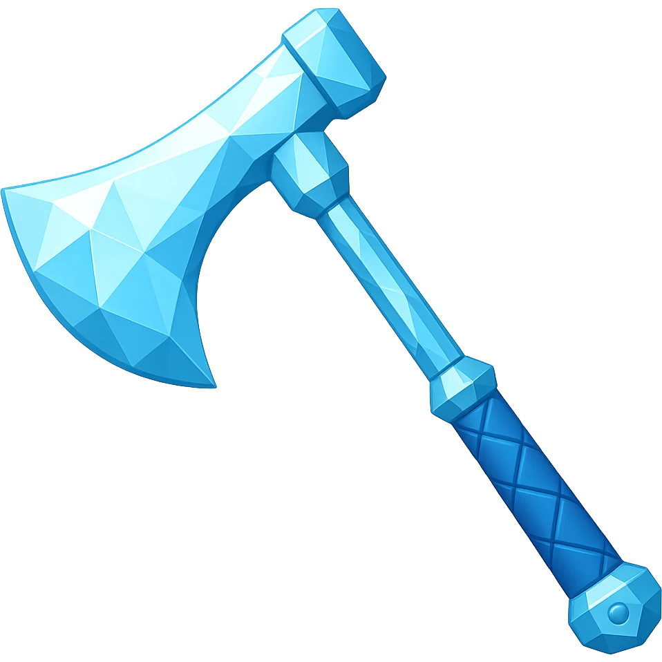 Transform this steel axe into a diamond axe with a blue crystalline faceted blade, matching the diamond chainbody style, in the style of emoji. Transparent background. emoji