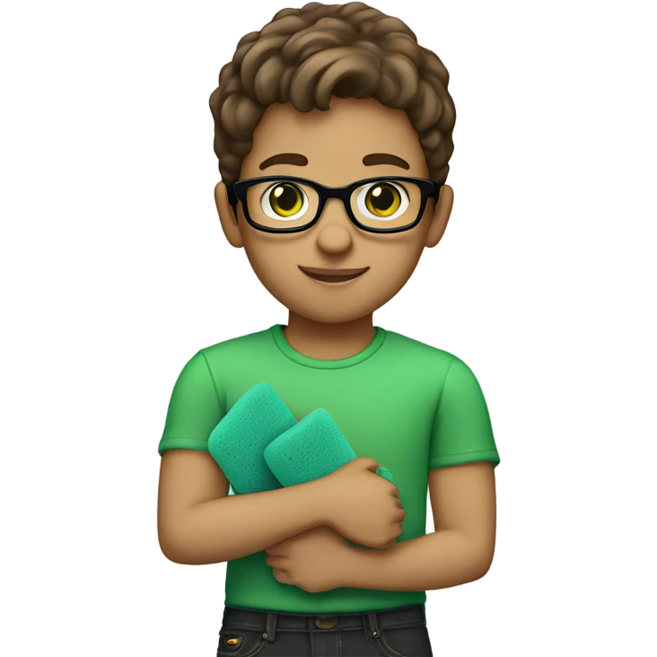 Little boy, brown hair, green eyes, light tan skin, glasses, blue shirt, black jeans, holding a sponge emoji