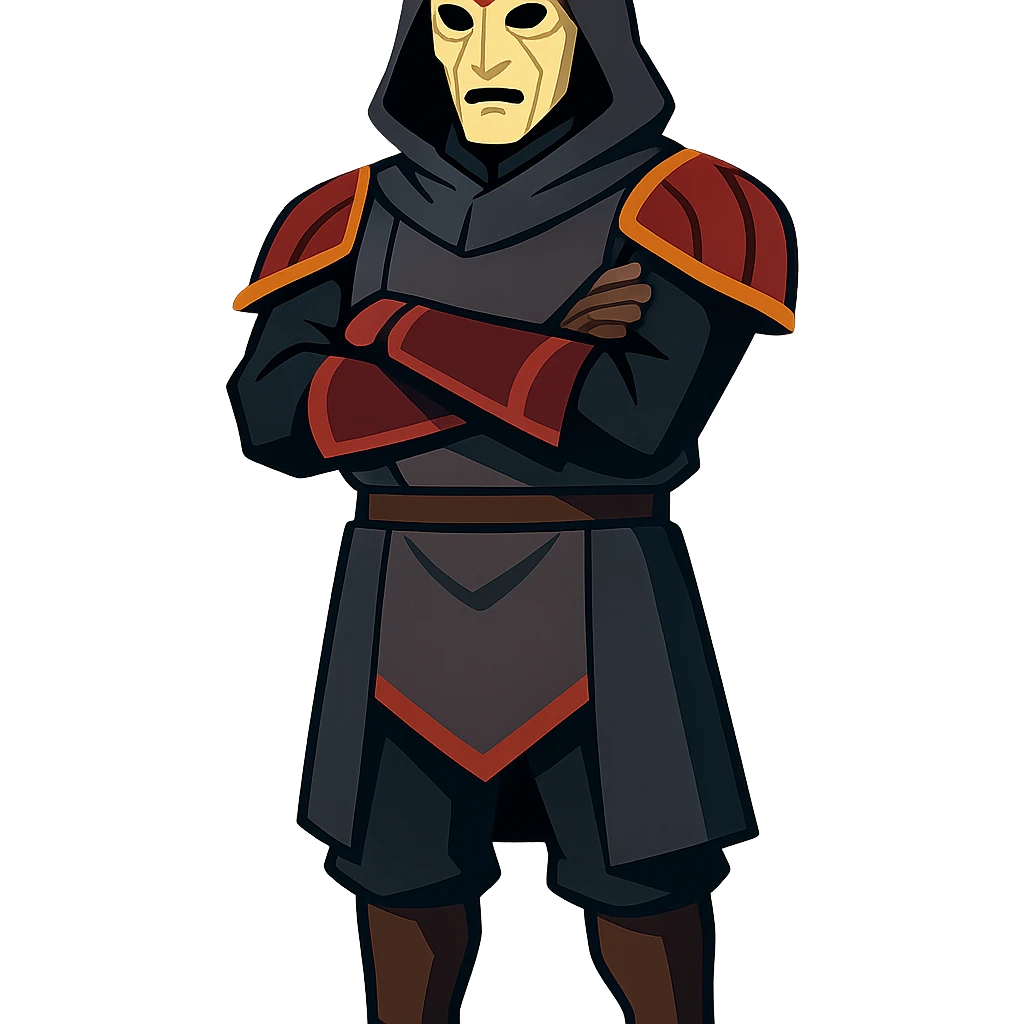 Amon from The Legend of Korra, full body, standing with arms crossed, stylized animated look emoji