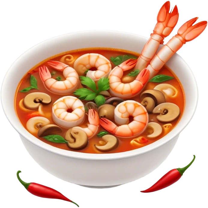 Cinematic Realistic Tom Yam Kung Soup Dish Emoji, showcasing a spicy, sour shrimp soup with herbs and mushrooms rendered with lifelike textures and bold, dynamic lighting. emoji