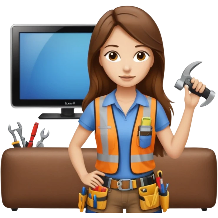 beautiful girl with long brown hair constructing new lounge room area with flat screen tv and couch emoji