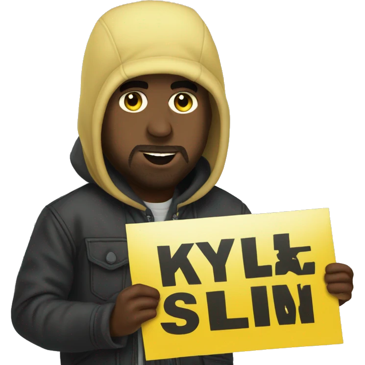 Kanye west holds a yellow sign with emoji