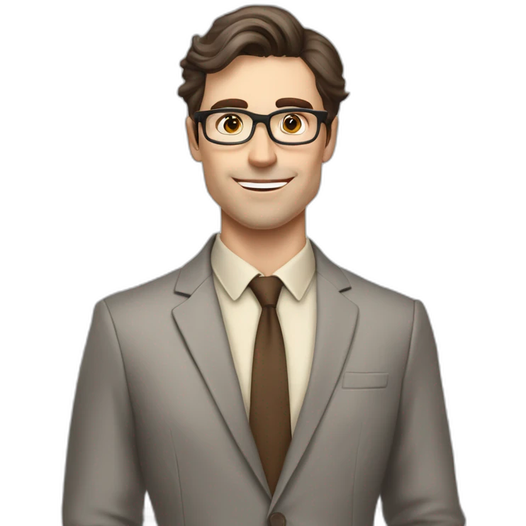 Pale skinned fit man with dark brown hair in gray jacket, beige office shirt, brown tie, brown pants and vintage glasses Writing on the flipchart emoji