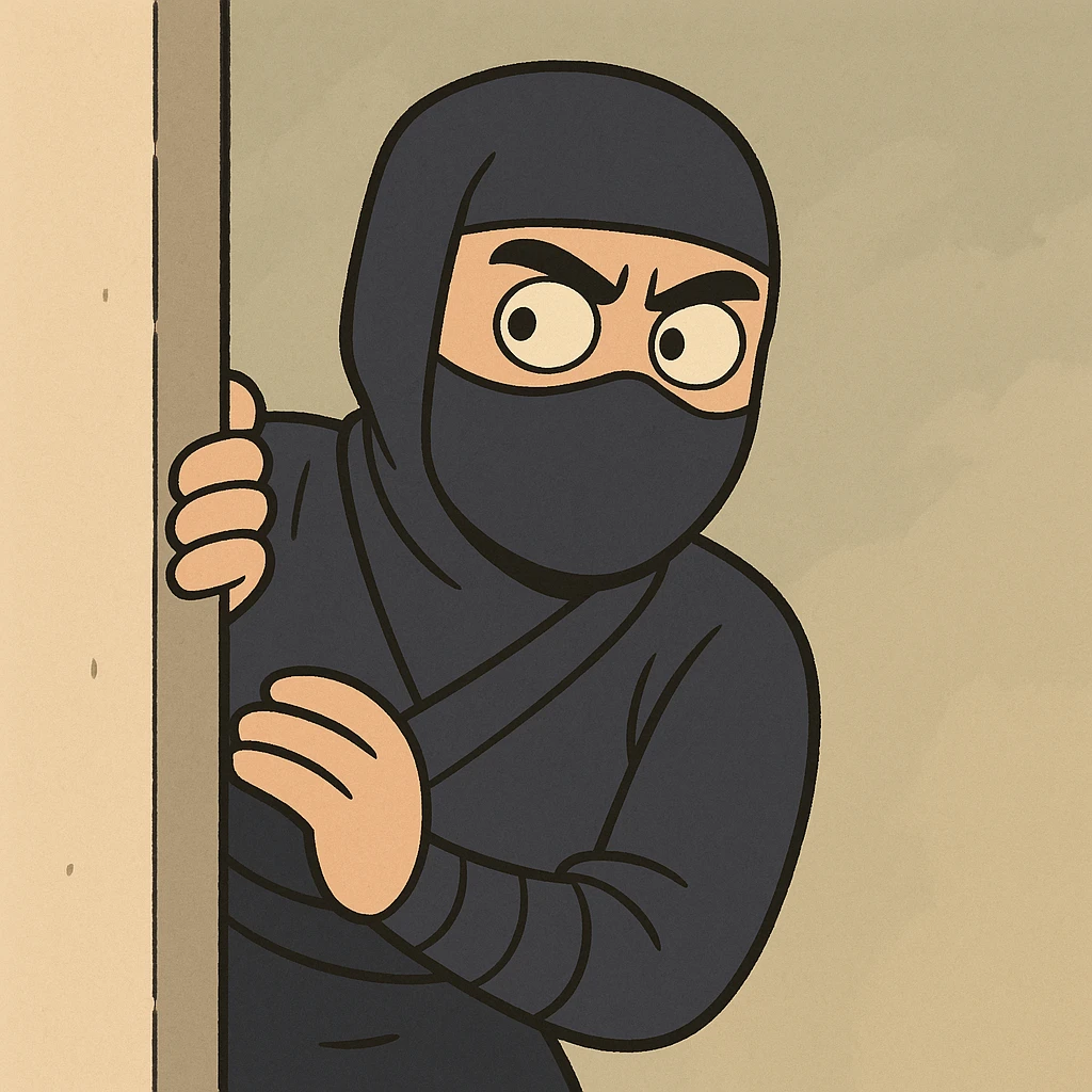 a ninja peeking from behind a wall, cartoon style emoji