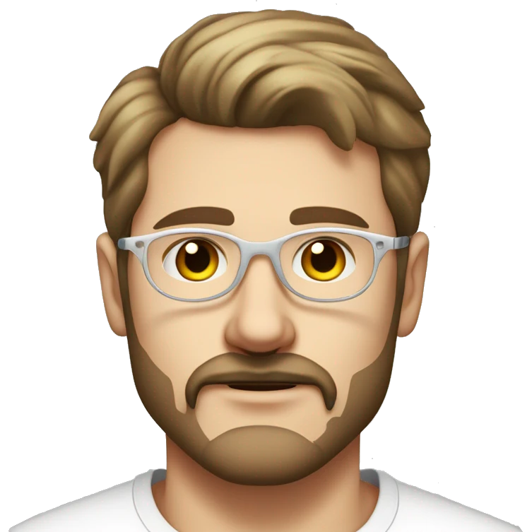 Young man with short beard, brown blond hair and a moustach, wearing a white t-shirt and transparent glasses. Hi name is nils heinemann. Only portrait. Looking frendly emoji