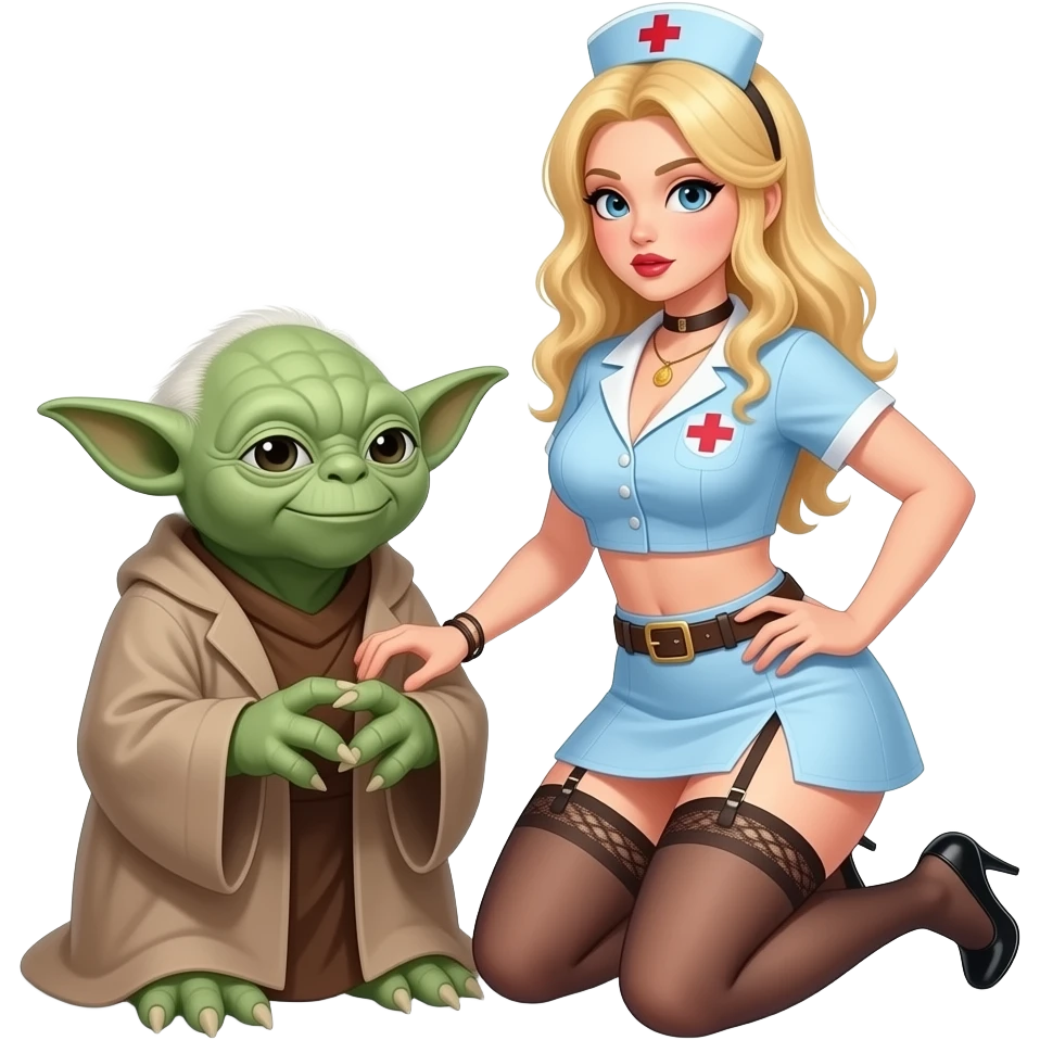 Yoda and a blond female apprentice in high heels ,garter belt  open mouth very very short skirt ,with large breasts kneeling wearing a nurse outfitkneeling emoji