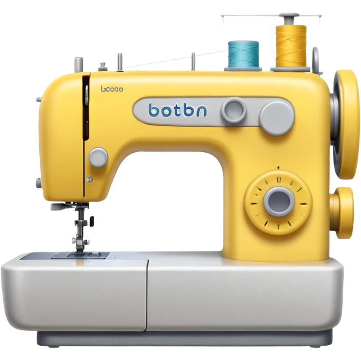 Emoji of a modern sewing machine inspired by a Brother machine. Soft, rounded shapes in the style of Apple emojis, with subtle gradients and soft shadows. White body with light gray details, a yellow spool on top emoji