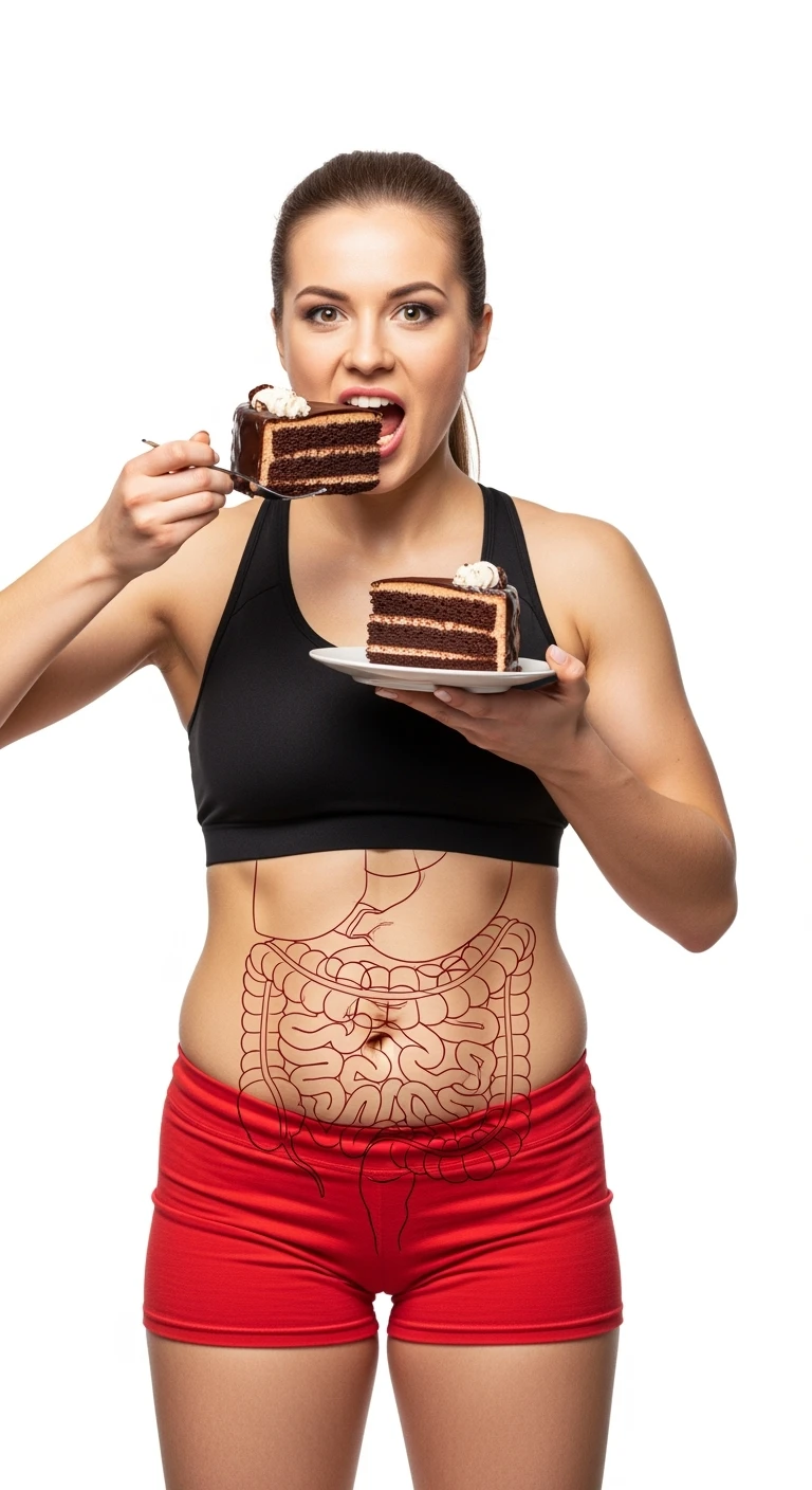 donna fitness con pancetta che mangia due fette di torta affamata, intestino umano anatomico, isolata su sfondo bianco emoji