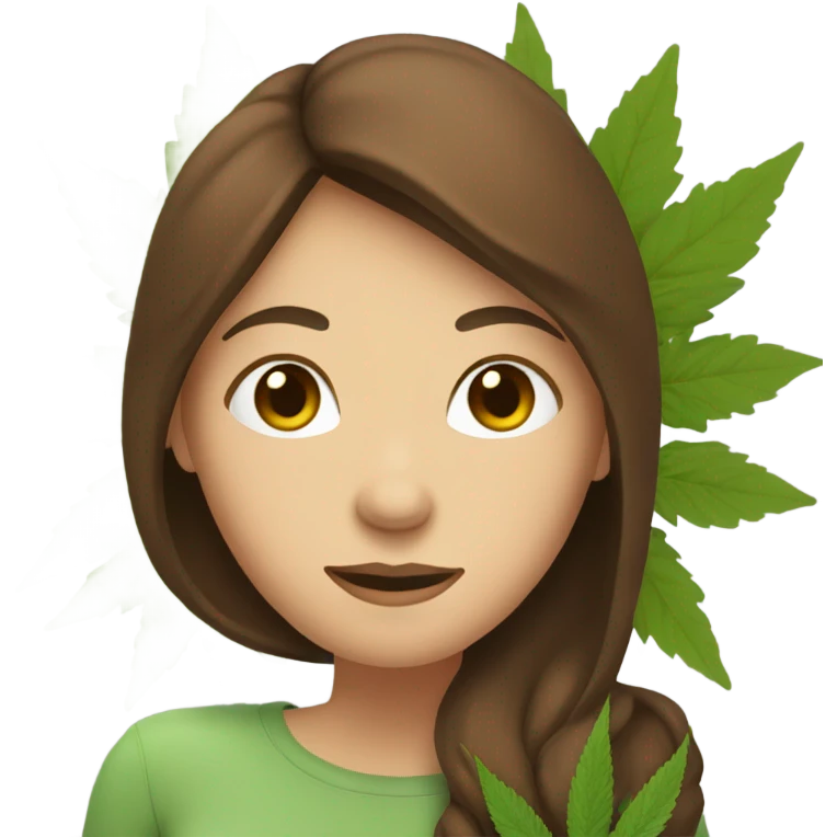 Woman with brown hair hugging marijuana leaf emoji