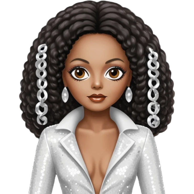 Diana Ross with long dark brown hair, white sequin outfit emoji