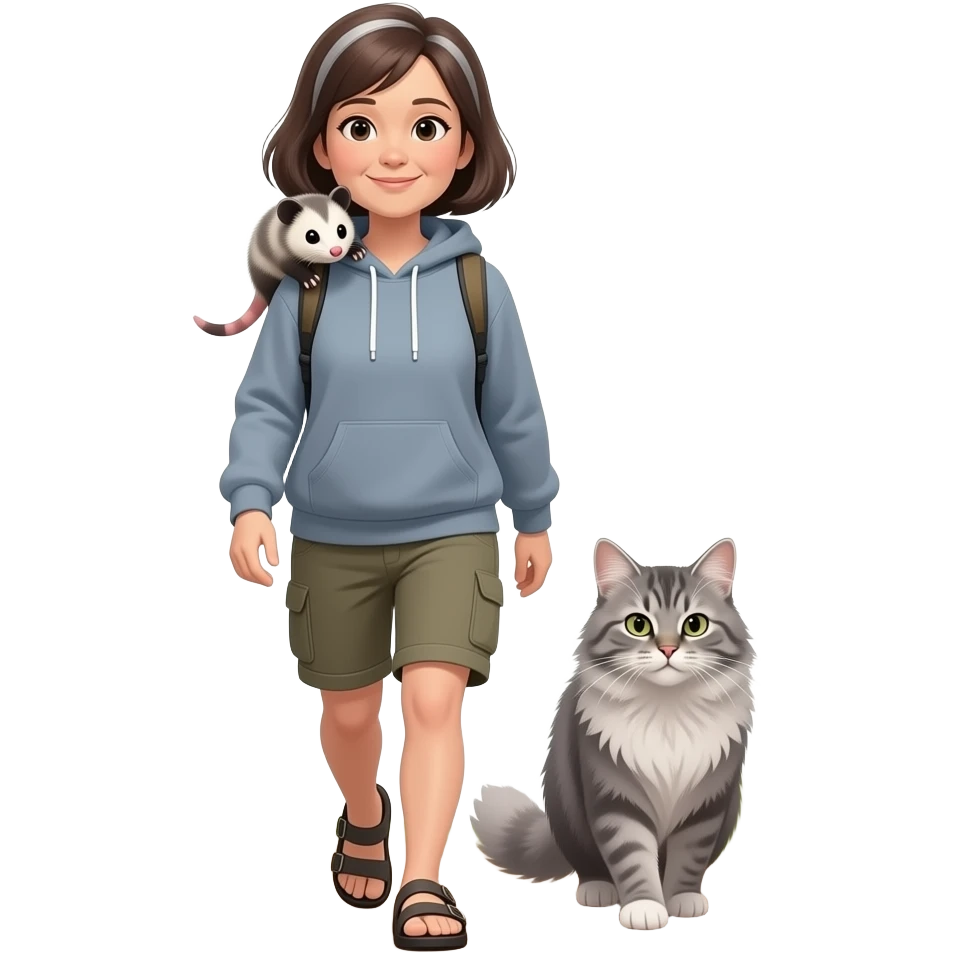 58 year old woman, shoulder length dark brown hair with narrow streaks of silver, wearing a pullover hoodie, past the knee capri cargo shorts, wearing birkenstocks with no socks, with a cute opossum on her shoulder, a big grey Maine Coon cat beside her, walking on a hiking trail emoji