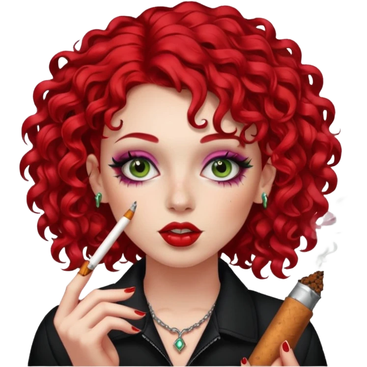 bright red curly hair alt girl with makeup and piercings smoking a joint emoji