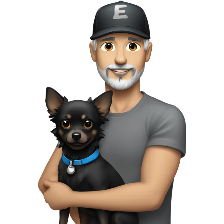 Handsome man with blue eyes wearing ball cap with grey hair and goatee beard holding all black long haired chihuahua emoji