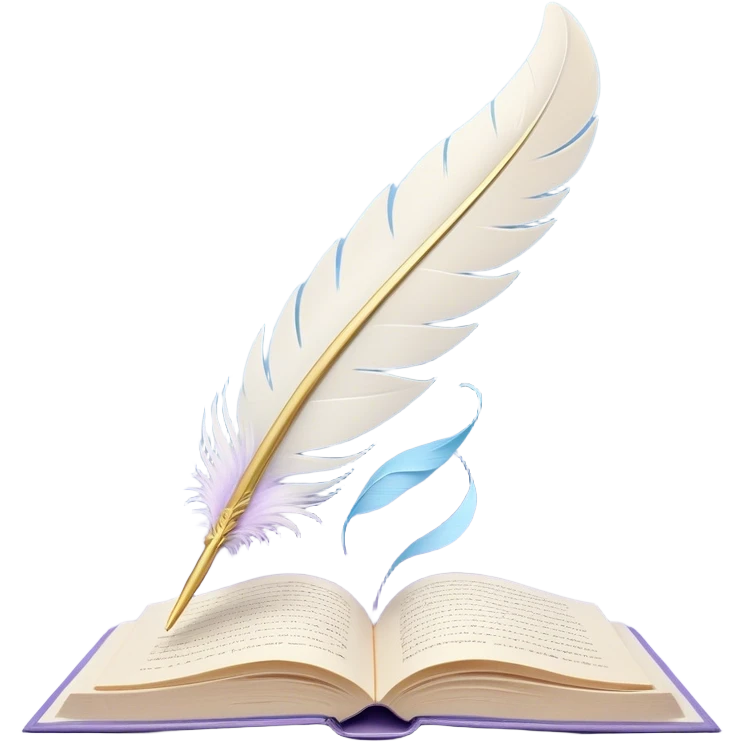 Create a delicate and poetic emoji representing poetry. The design should feature several elegantly flying pages with short poetic columns written on them. The pages should appear light and flowing, almost as if being carried by the wind. Include a white feather gently resting on the pages, symbolizing creativity and inspiration. Use soft, pastel tones like light blues, purples, and creams to give it a dreamy, artistic feel. The design should feel ethereal and whimsical, capturing the essence of poetry. Make the background transparent. emoji