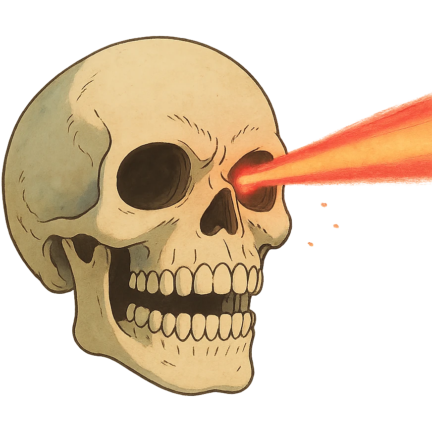 ghibli style skull grinding teeth with laser from one eye emoji