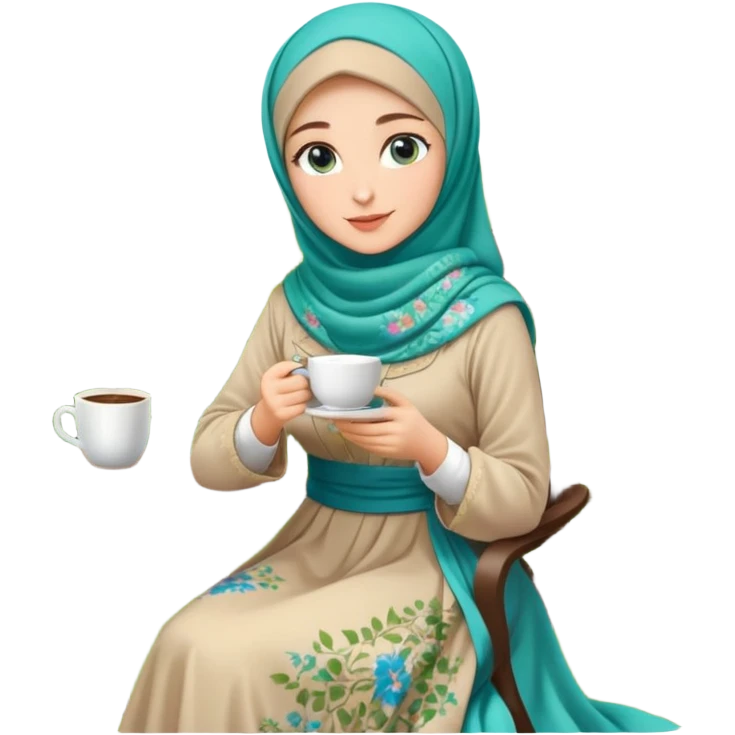 Turkish beautiful finish Konya girls blue eyes with Beautiful light brown green floral hijab long tail dress and in a lovely garden sits on the chair on the ground and holds cup coffe with her hand  emoji