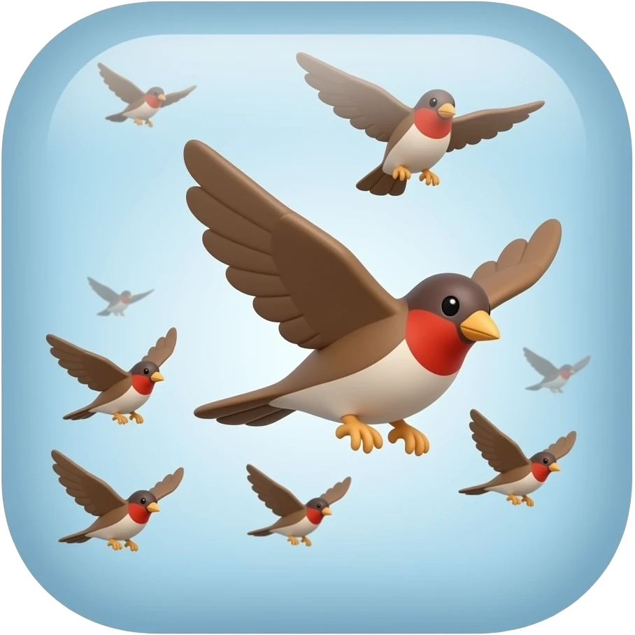 A 3d render iPhone emoji icon of a detailed Brown and red color 3D Render iPhone emojis of a flock of brown and red color songbirds flying in the air emoji