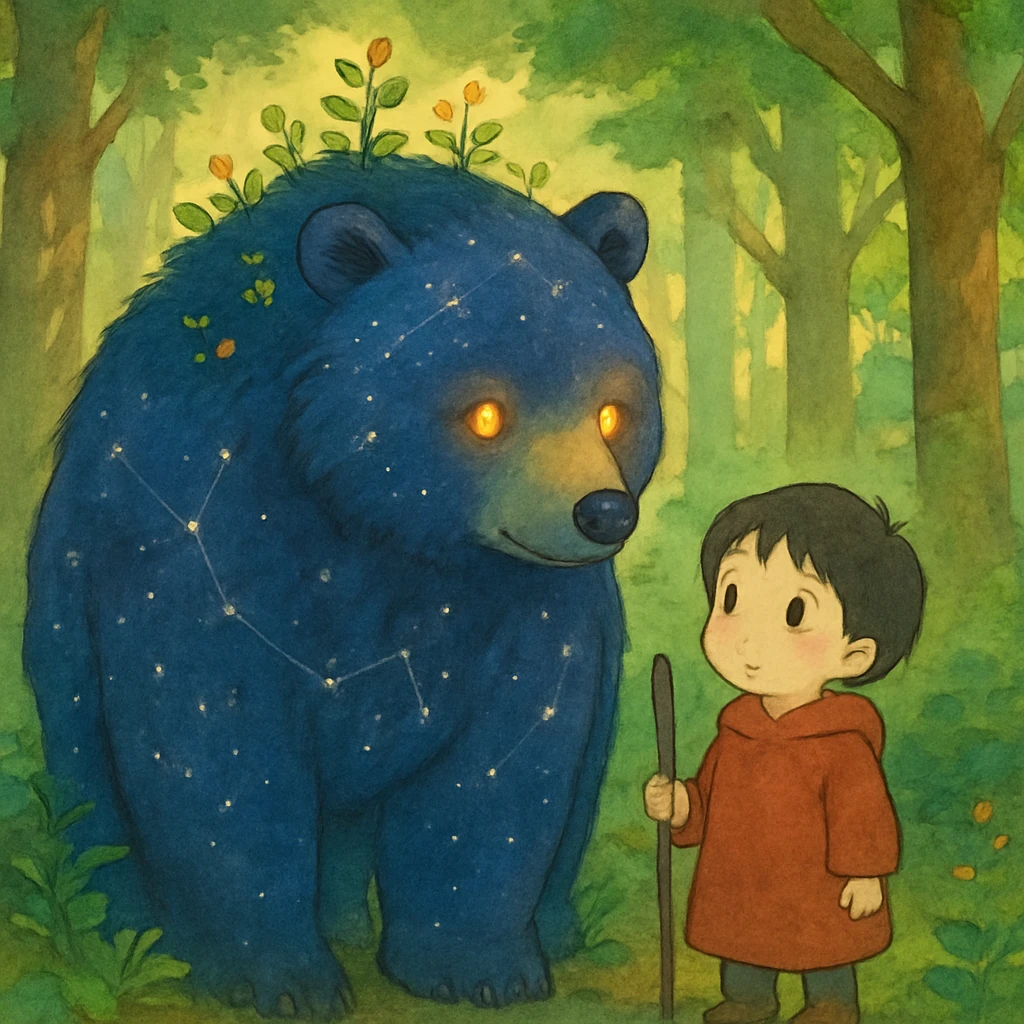 A protective bear spirit companion with stars and constellations visible in its fur, gentle eyes that glow like amber, small plants and flowers growing on its back, standing beside a young child in a forest emoji