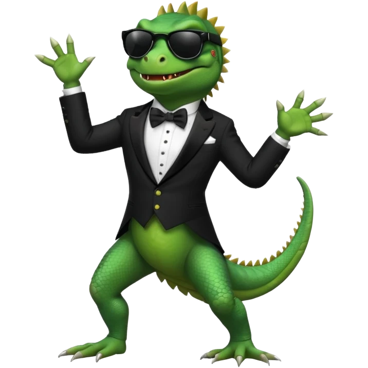 capitalist iguana in tuxedo and black sunglasses dancing emoji