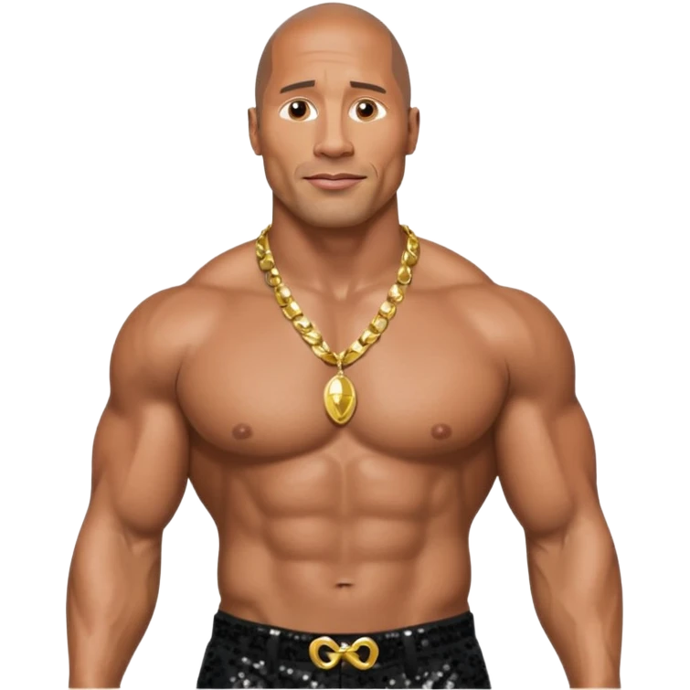 Dwayne Johnson with black sequin baggy pants, shirtless with necklace emoji