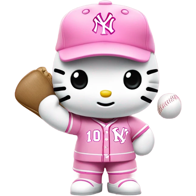Hello kitty wearing a pink Yankees baseball uniform with a pink foam finger that has #1 emoji