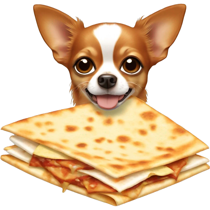 Long-haired reddish brown Chihuahua with white markings eating quesadilla emoji