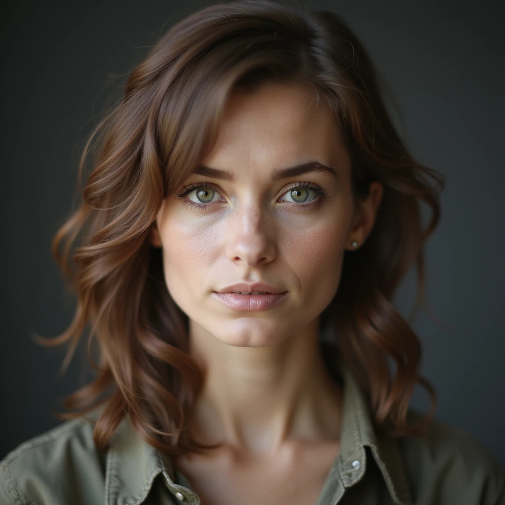 realistic portrait of a woman with brown hair and green eyes emoji