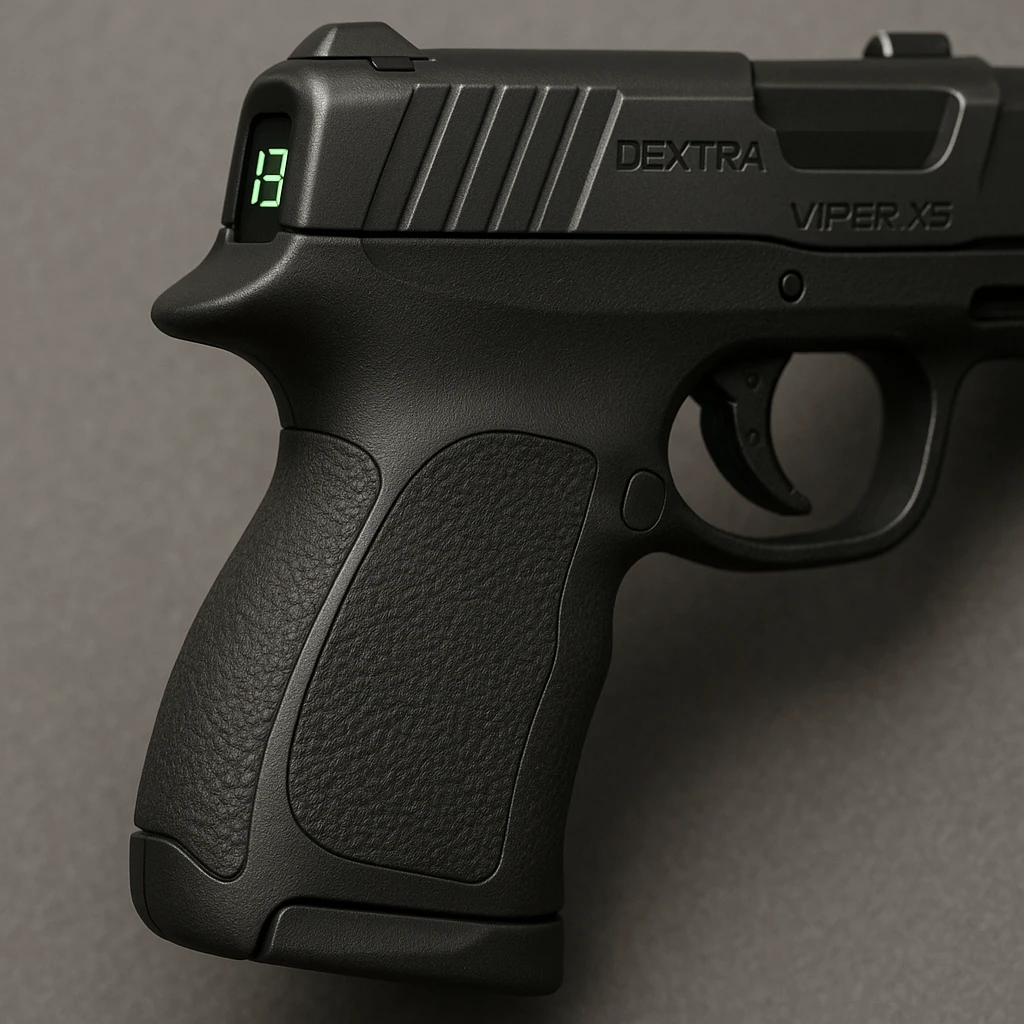 close-up of the Dextra Viper X5 handgun's grip, showing ergonomic curve, soft overmold texture panels, recessed digital ammo counter along rear spine visible only when drawn, realistic, compact, designed for concealment emoji