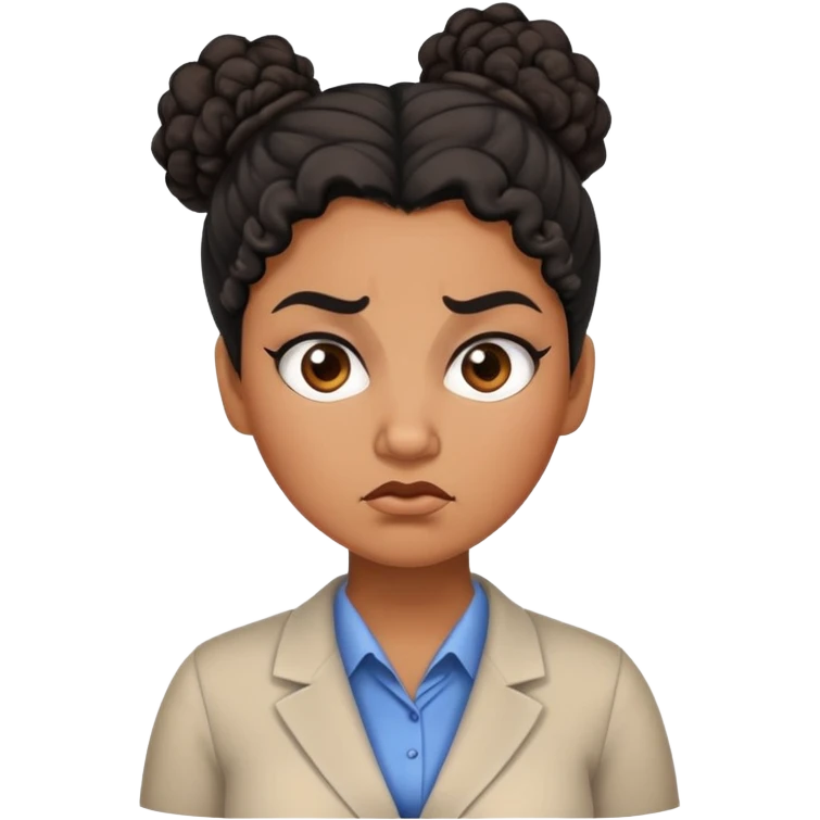 An angry female teacher with brown skin, black curly hair in a bun or updo, and slightly chubby emoji