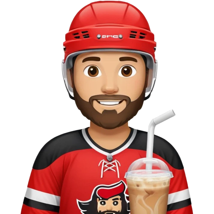 hockey player with a beard with iced coffee in red and black jersey wearing a hockey helmet smiling missing teeth  emoji