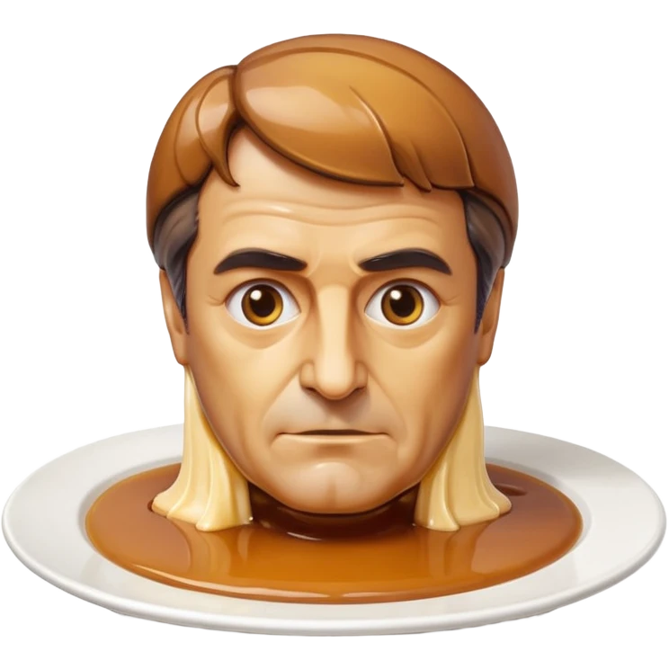 apple style emoji of François Fillon's bust with entire head and face made of flan, highly stylized dessert-like appearance, no realistic human details, thick shiny caramel hair dripping, on a white plate emoji