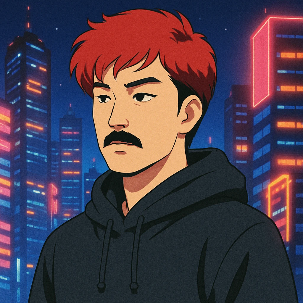 Asian man with black mustache, red hair, black hoodie, in retro-futuristic 80's anime style, city lights background emoji