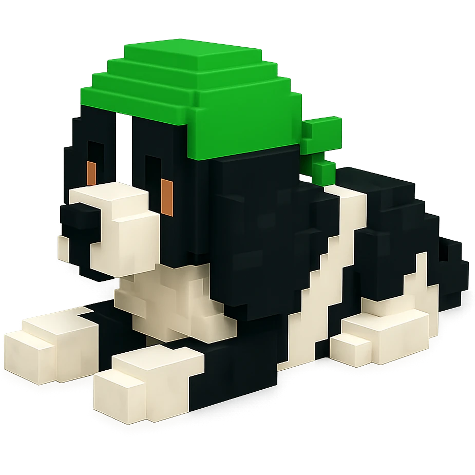 A black and white Russian Cocker Spaniel puppy wearing a green durag, voxel style, lying down emoji